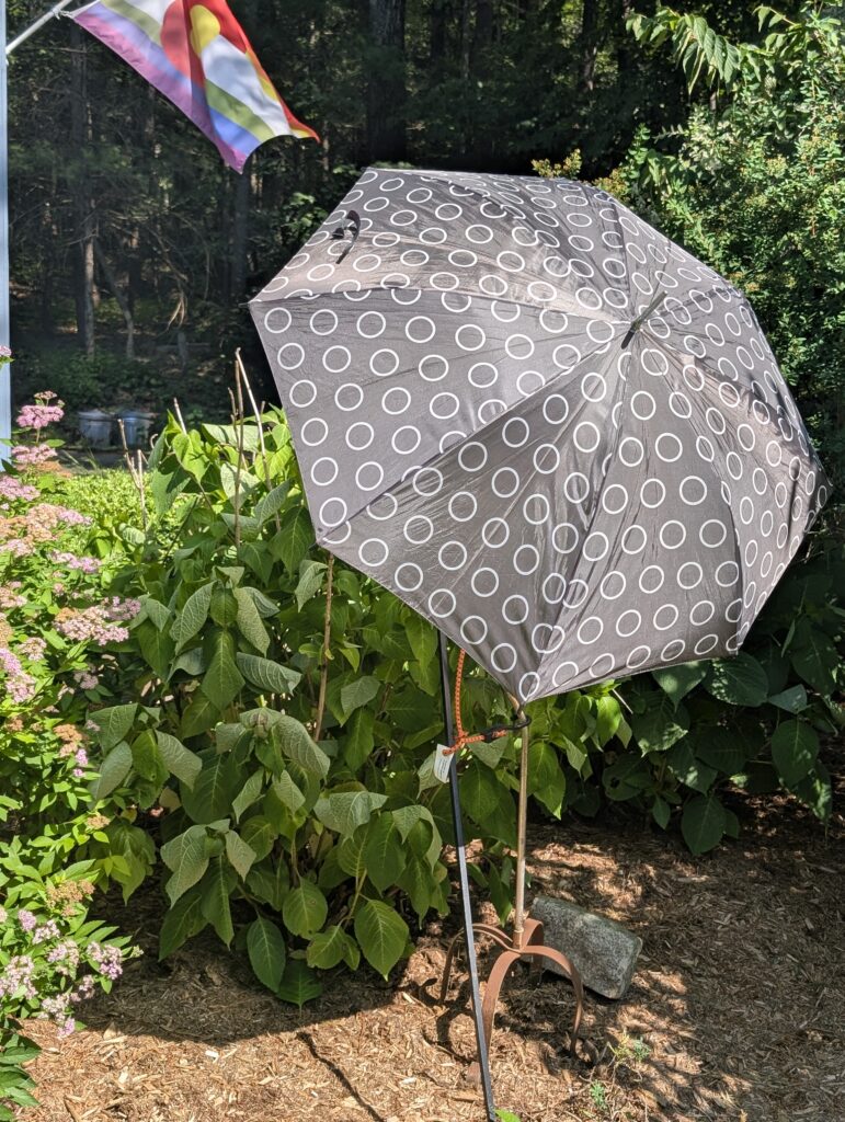 WELL I didn't stop to think that clearing that hydrangea hedge would leave them exposed to the heatwave. Threw together this haphazard rig to shade them through it 😭